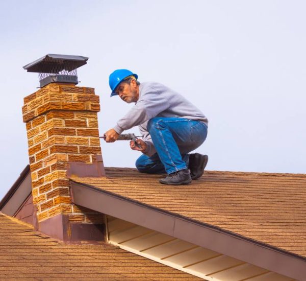Contractor Builder with blue hardhat on the roof caulking chimney